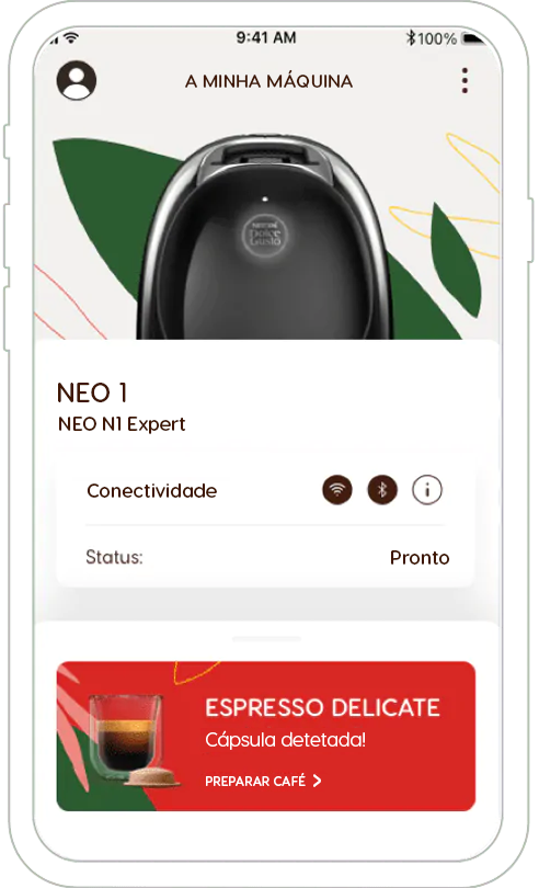Interface da m&aacute;quina de caf&eacute; NEO1 na app