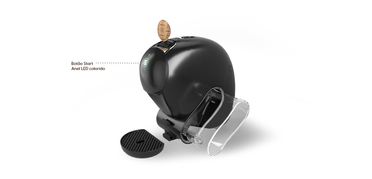 M&aacute;quina de caf&eacute; com bot&atilde;o Start na parte superior e c&aacute;psula
