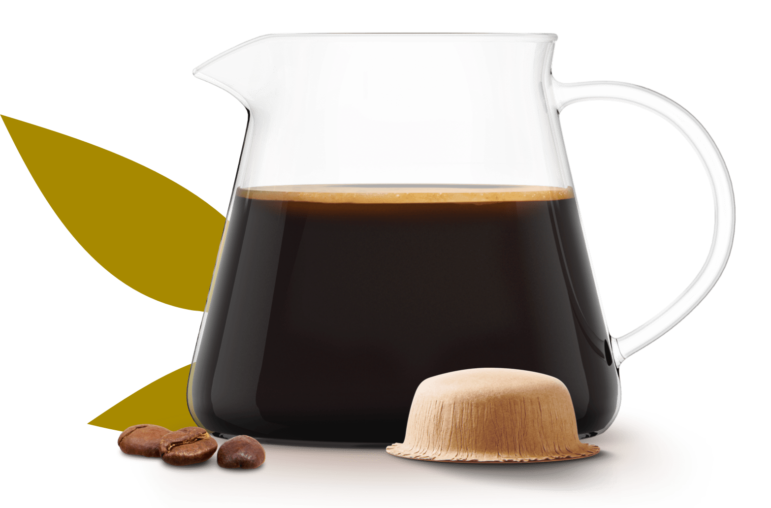 carafe de caf&eacute; preparado junto a uma c&aacute;psula &agrave; base de papel