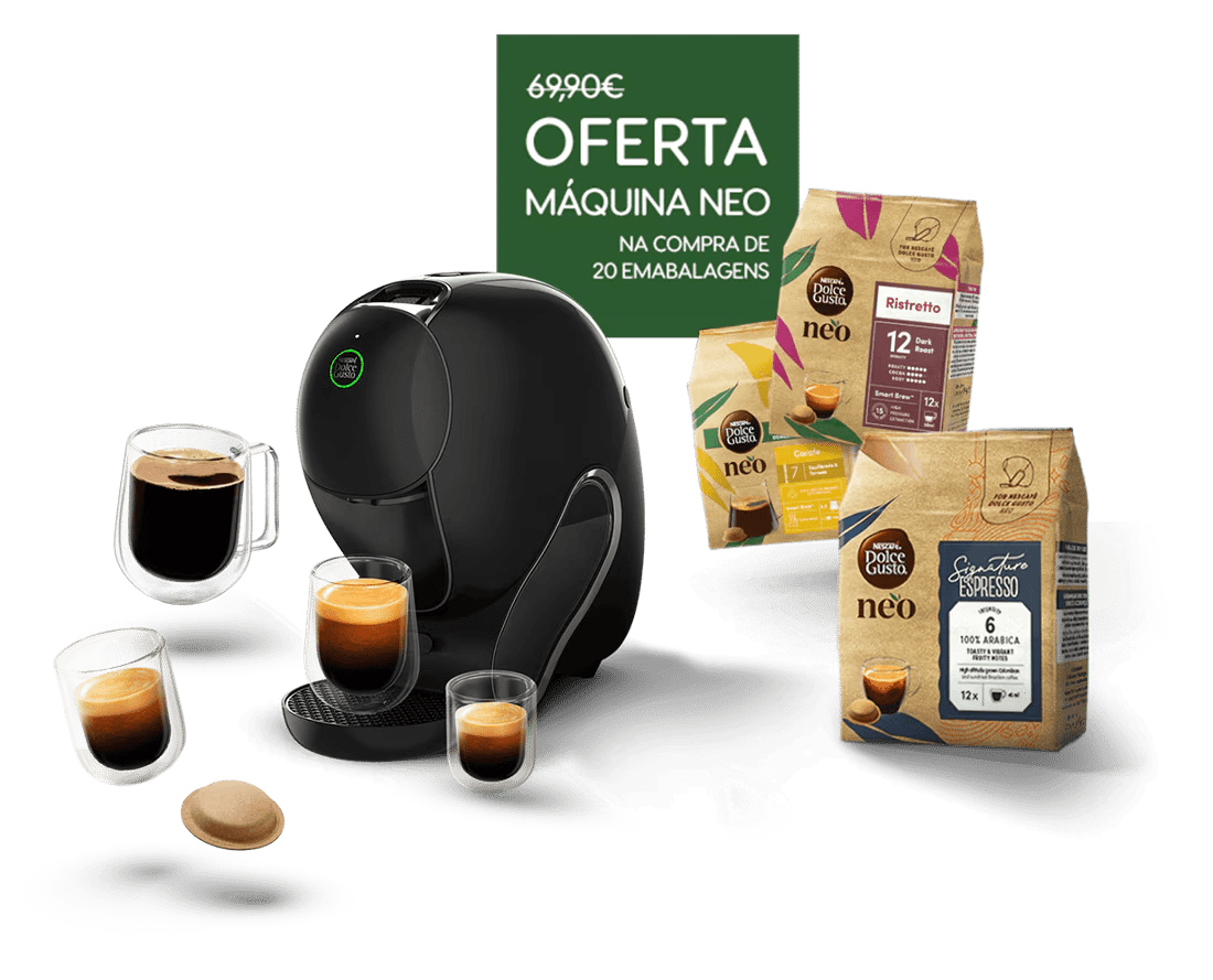 Uma máquina de café NEO Latte em branco, acompanhada por diferentes bebidas e packs.