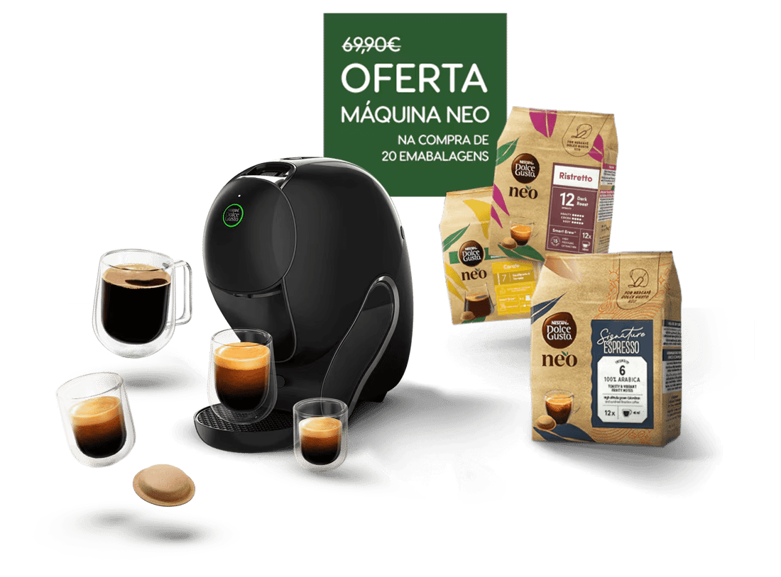 Uma máquina de café NEO Latte em branco, acompanhada por diferentes bebidas e packs.