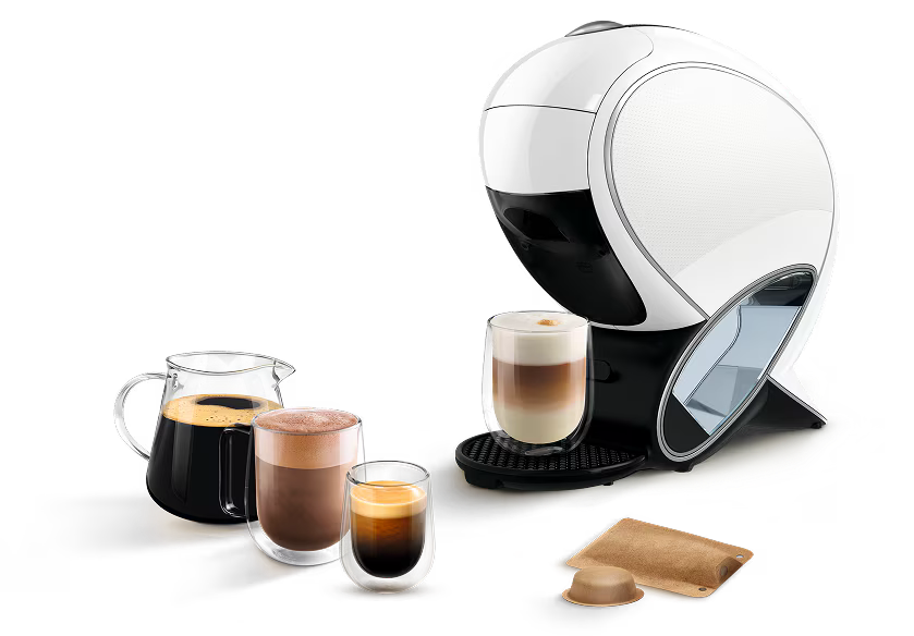Máquina NEO Latte em branco com várias bebidas NEO.