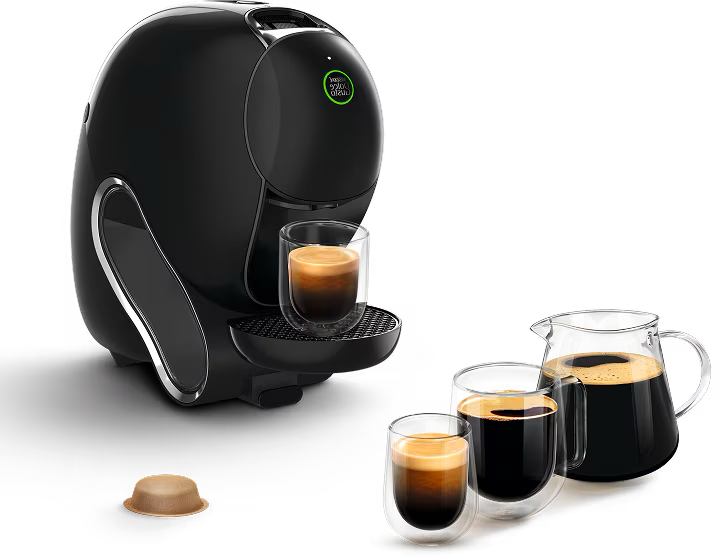 Máquina NEO Caffè em preto com vários cafés NEO.