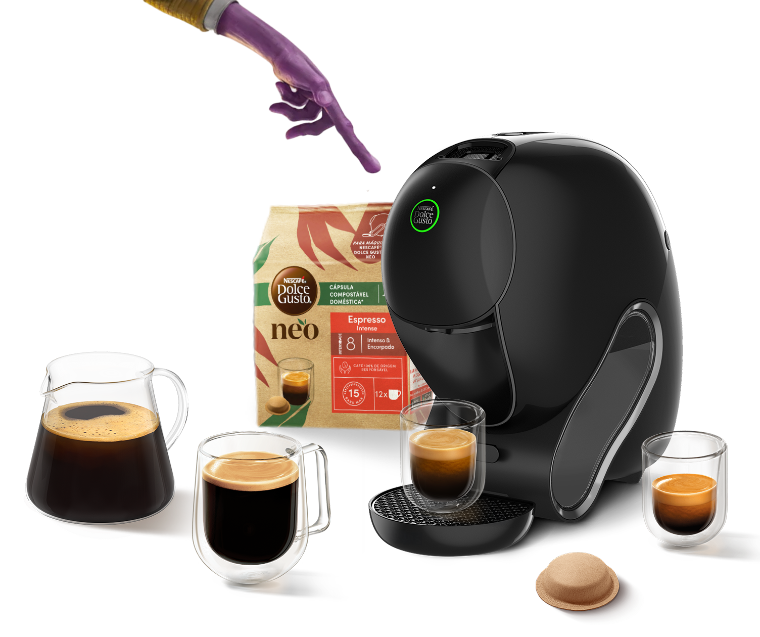  Dedo de alien&iacute;gena a tocar na m&aacute;quina NEO Caff&egrave;, com bebidas, um pack NEO e uma c&aacute;psula &agrave; volta.