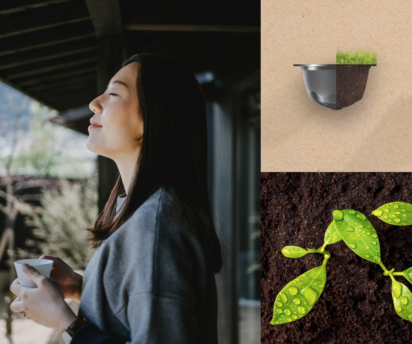 Café e ecologia: mulher aprecia café ecológico