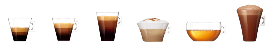 Vários copos de bebidas, incluindo café e chá